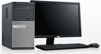  An OptiPlex 390 Mini Tower and an LCD monitor, all angled slightly to the right. In front of them are a keyboard and mouse.   